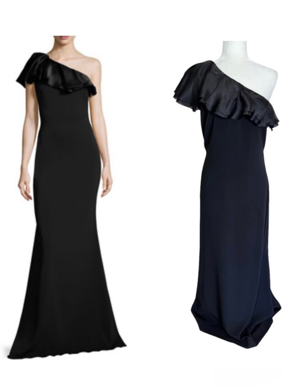 Badgley Mischka One-Shoulder Ruffle Mermaid Gown Black
